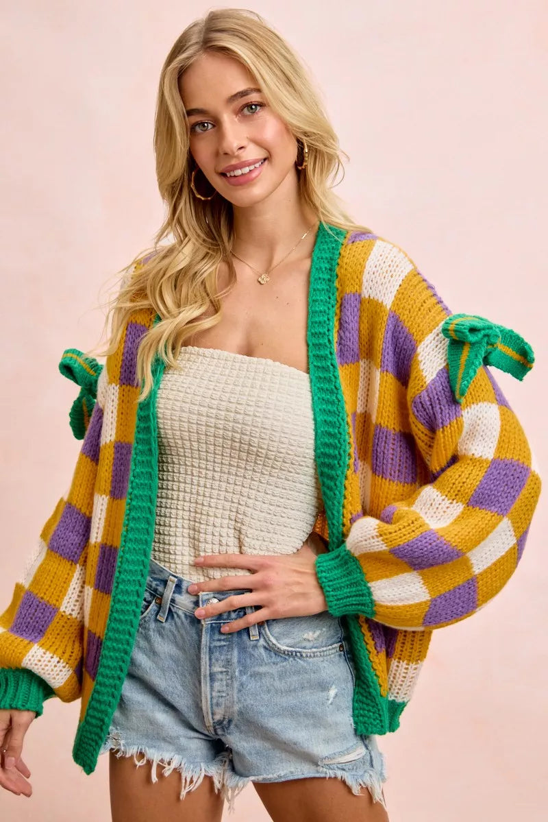 Sarah Express Women's Mardi Gras Checkerboard Front Open Cardigan
