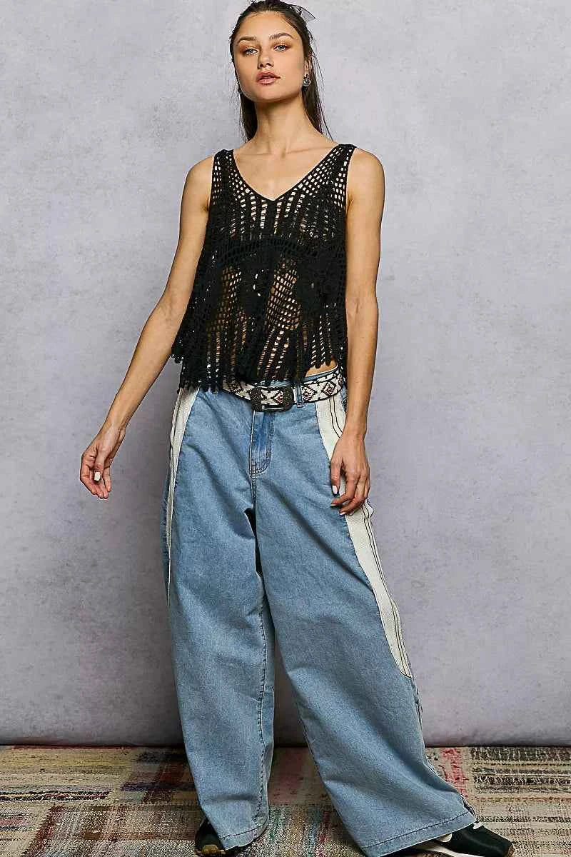 Sarah Express Women's Crochet Tank Top - Openwork V-Neck Knit Summer Top