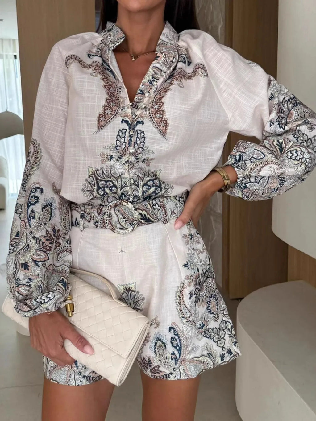 Sarah Express Women's Printed Long Sleeve Shirt and Shorts Set