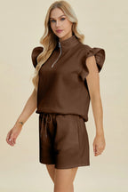 Sarah Express Women’s Plus Size Textured Flounce Sleeve Top and Shorts Set