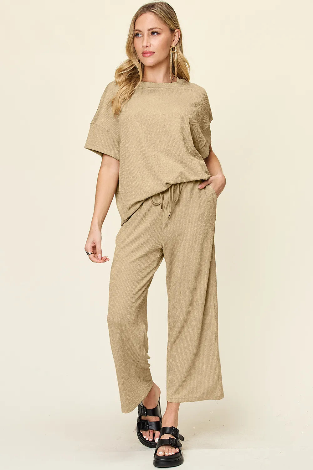 Sarah Express Women's Textured Round Neck T-Shirt and Wide Leg Pants Set Khaki