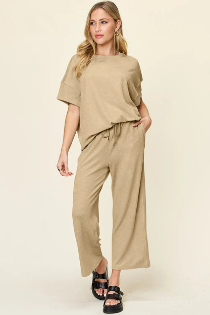 Sarah Express Women's Textured Round Neck Short Sleeve T-Shirt and Wide Leg Pants Set Khaki