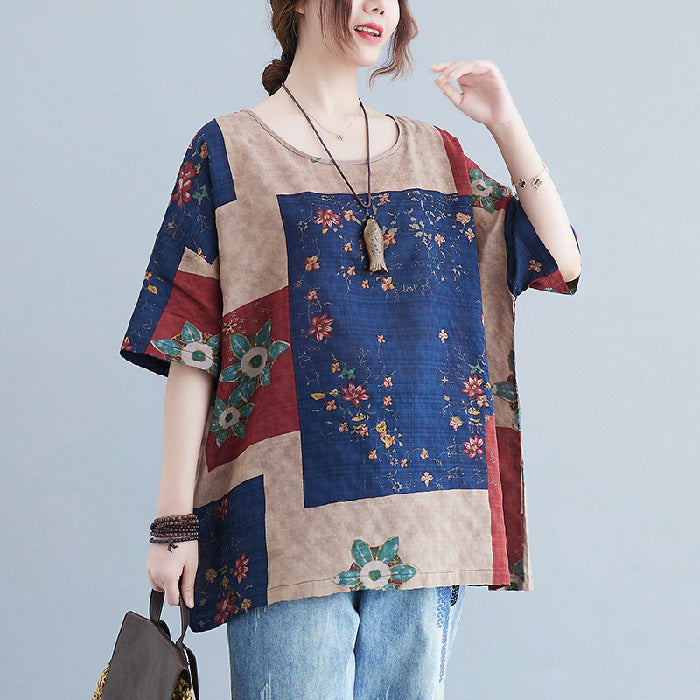 Sarah Express Women's Ethnic Floral Print Cotton Linen T-Shirt Loose Fit Round Neck Short Sleeve