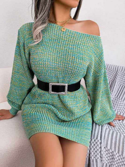 Sarah Express Women's Off-Shoulder Colorblock Knit Sweater Dress - Lantern Sleeve Gradient Design