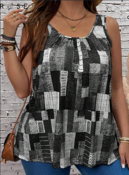 Sarah Express Plus Size Geometric Print Pleated Tank Top