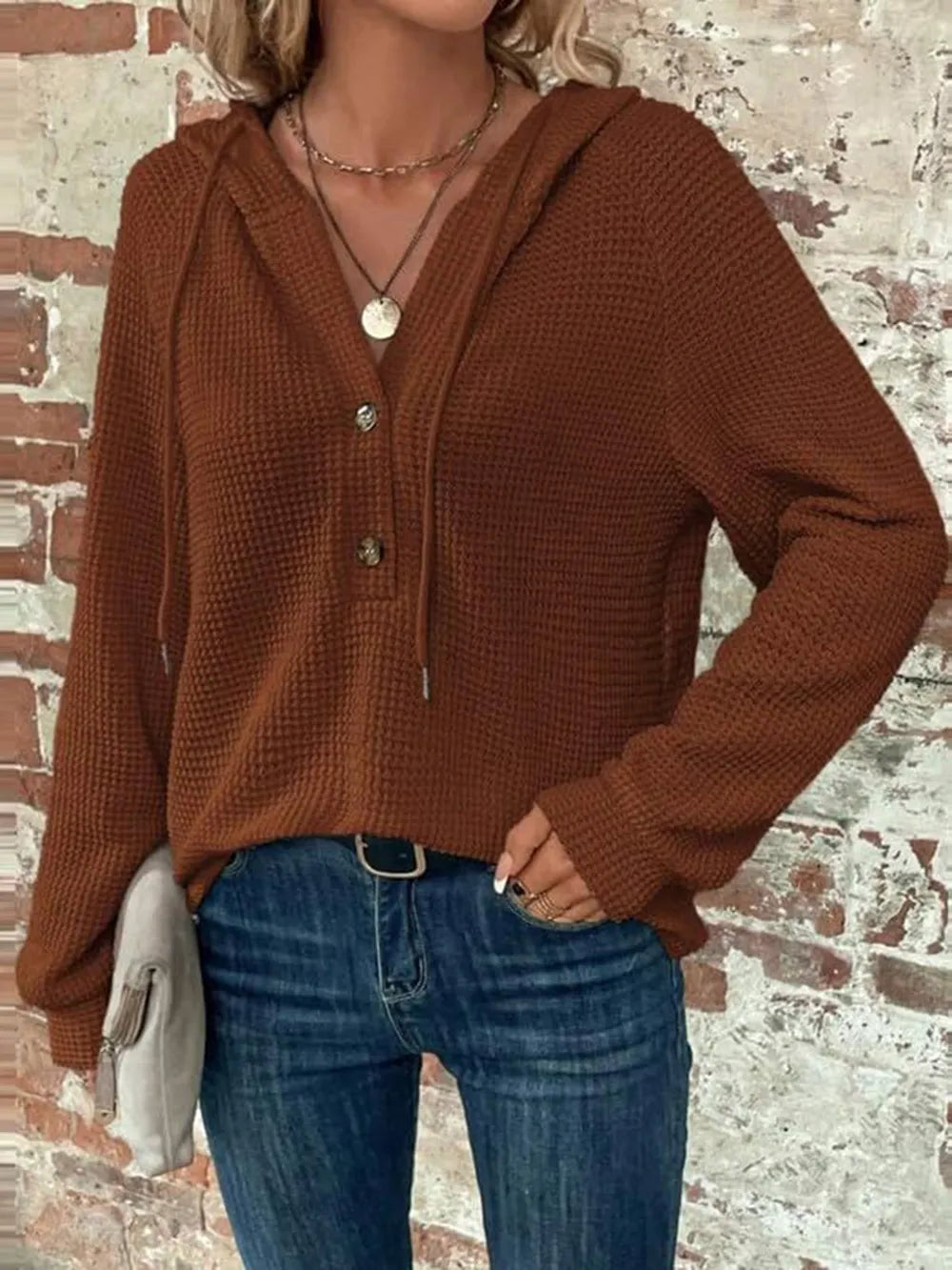 Sarah Express Women's Waffle Knit Long Sleeve Drawstring Hooded Top Dark Brown