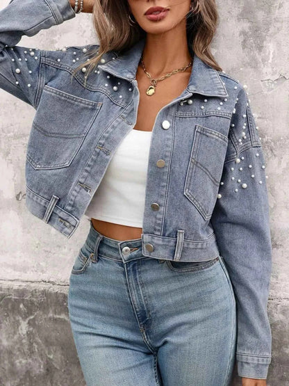Sarah Express Women's Pearl Embellished Cropped Denim Jacket