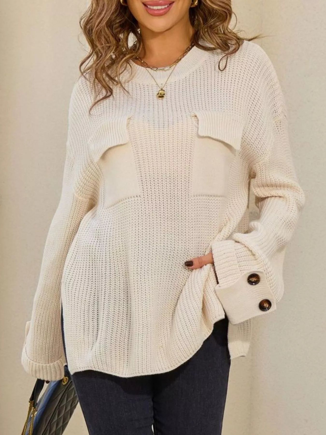 Sarah Express Women's Pocket Detail Round Neck Sweater - Button Front Cardigan