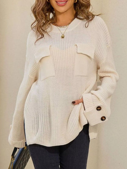 Sarah Express Women's Pocket Detail Round Neck Sweater - Button Front Cardigan