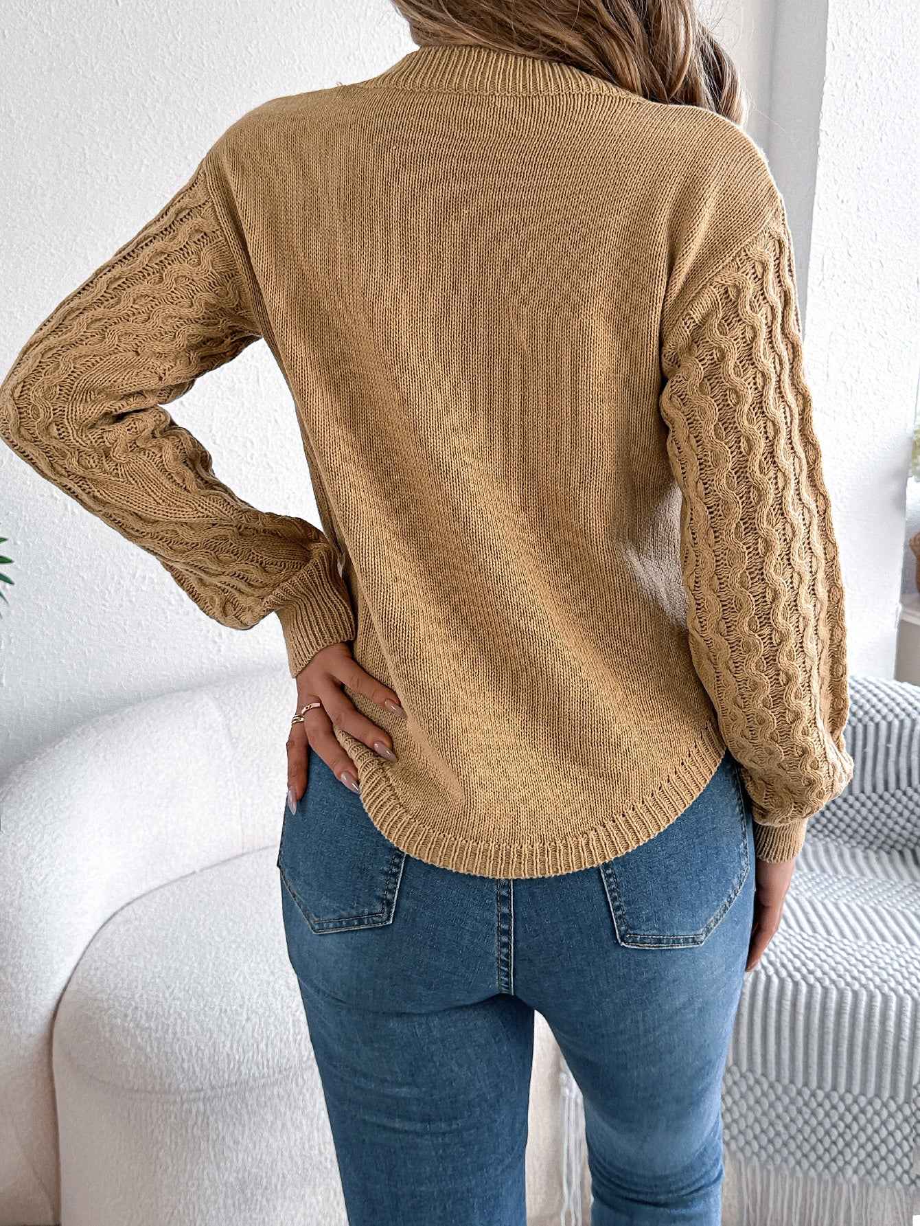 Sarah Express Women's Cable Knit Sweater - Lantern Sleeve Irregular Hem Pullover