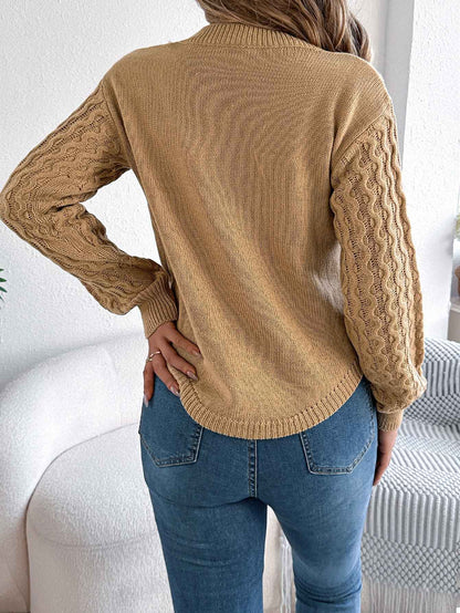 Sarah Express Women's Cable Knit Sweater - Lantern Sleeve Irregular Hem Pullover