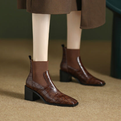 Sarah Express Women's Chunky Heel Square Toe Cowhide Leather Pumps | Minimalist Luxury Heels