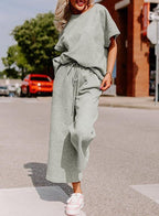 Sarah Express Women's Textured Short Sleeve Top and Pants Two-Piece Casual Set