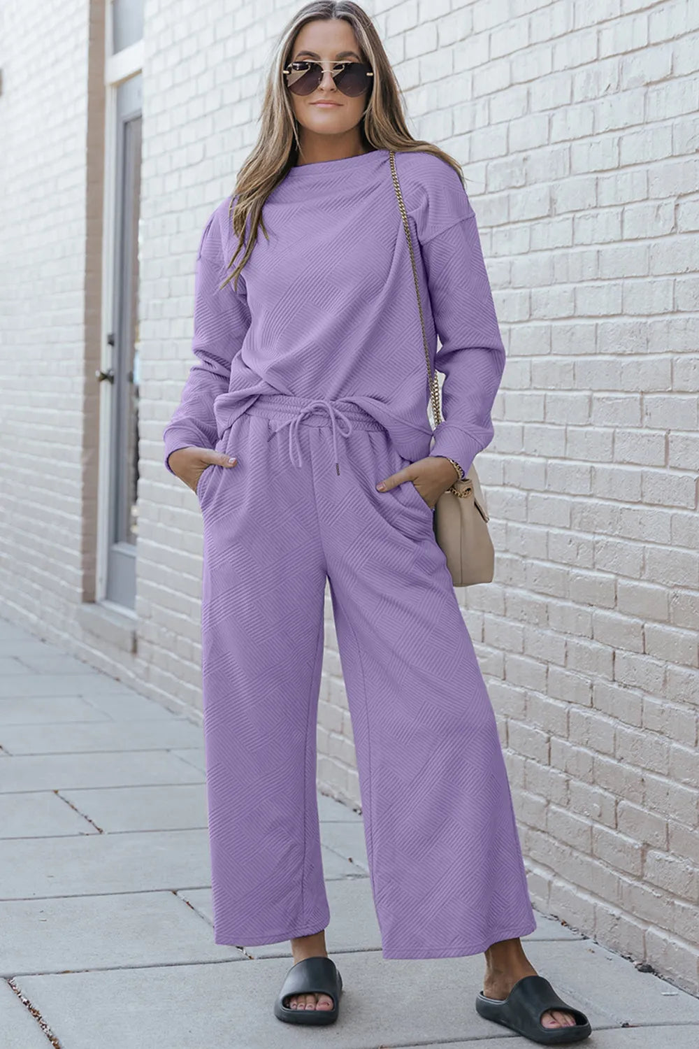 Sarah Express Women's Textured Long Sleeve Top and Drawstring Pants Set Lavender