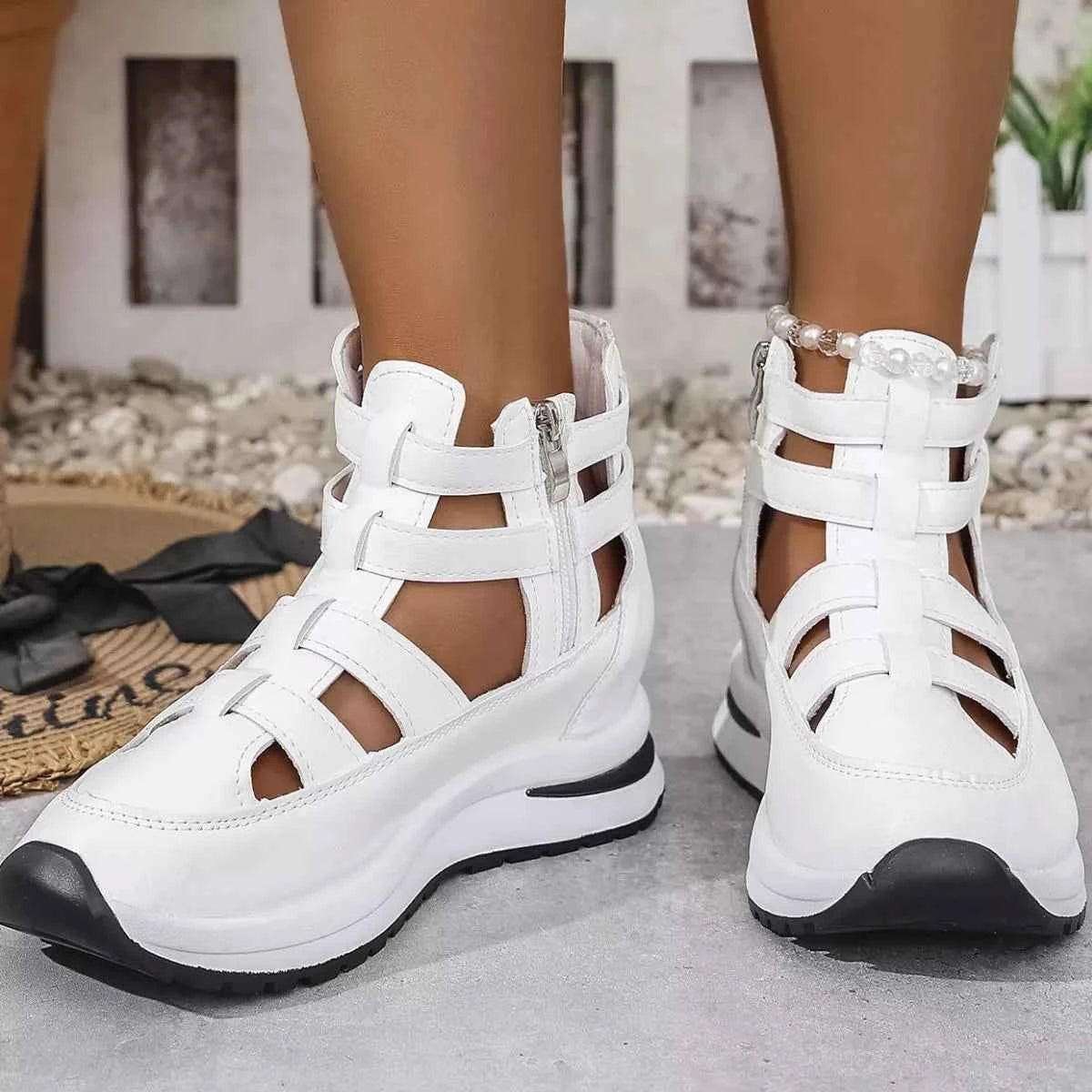 Sarah Express Women's Cutout Platform Sneakers - Trendy Low Heel PU Leather Shoes