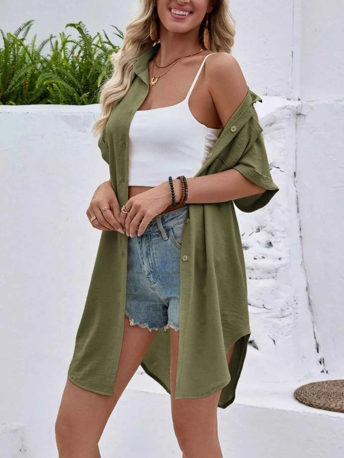 Sarah Express Women's Relaxed Fit Button-Down Longline Shirt - Oversized Casual Blouse