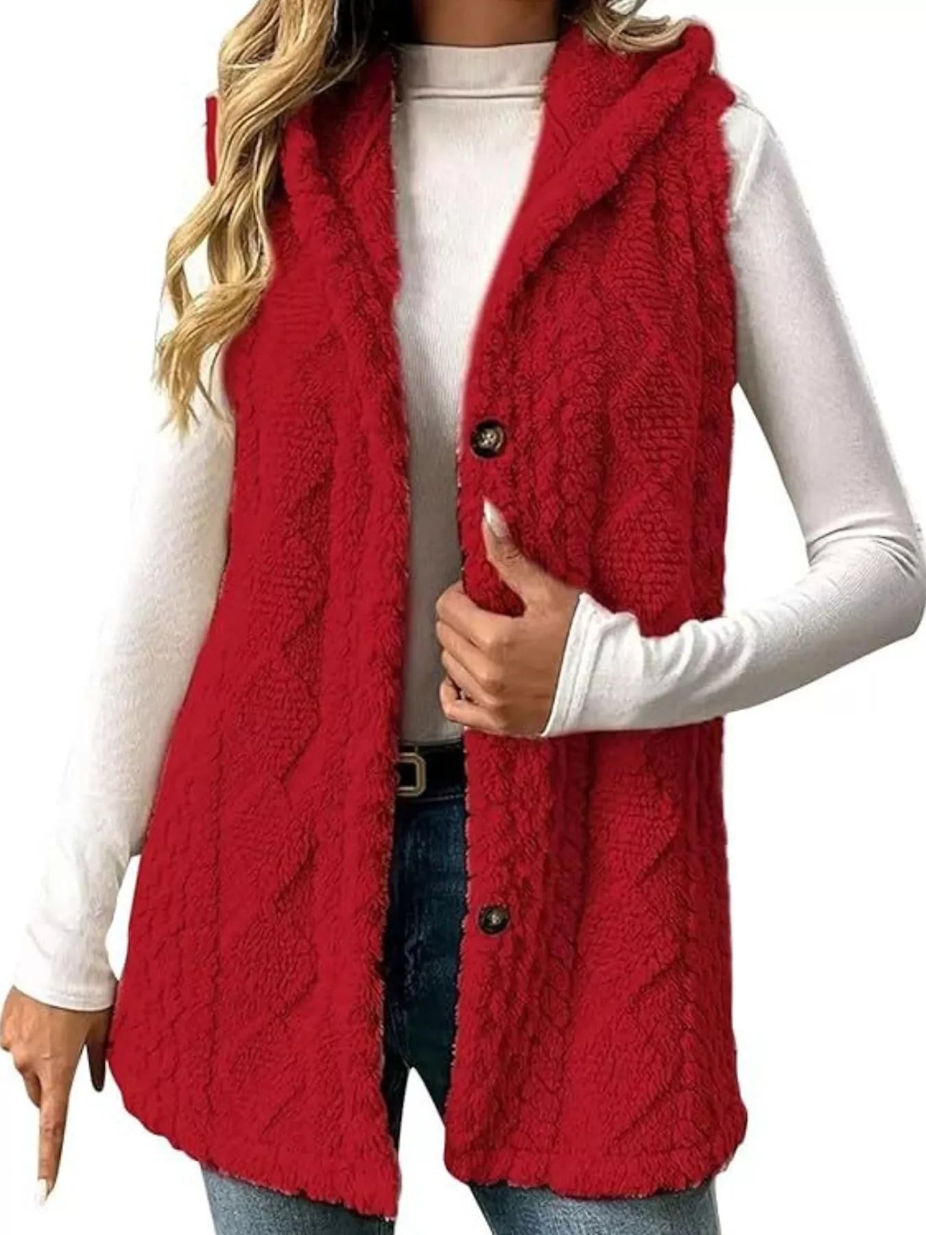 Sarah Express Women's Hooded Button-Up Sherpa Vest Coat Deep Red