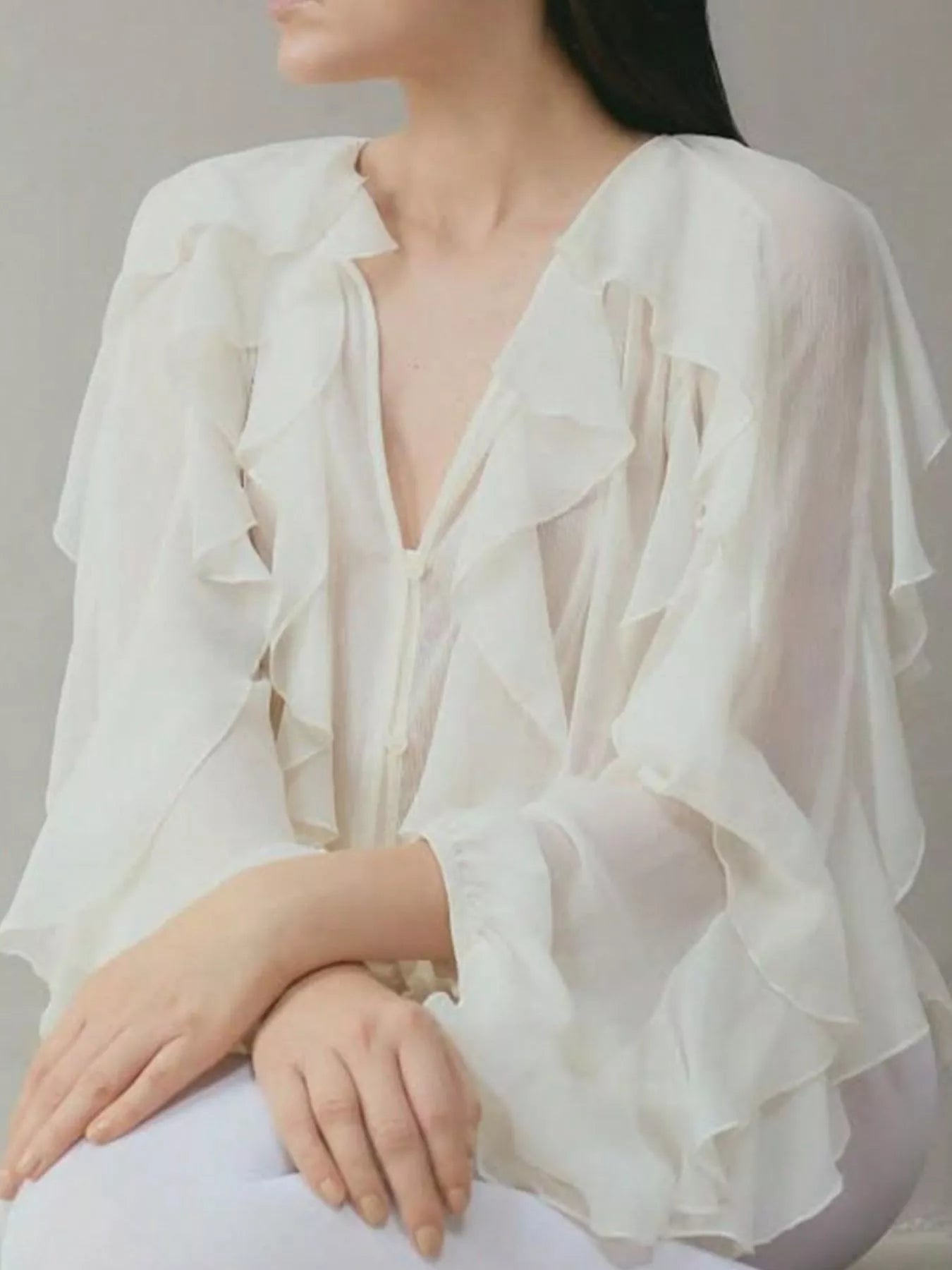 Sarah Express Women's Ruffled Sheer Long Sleeve Blouse White