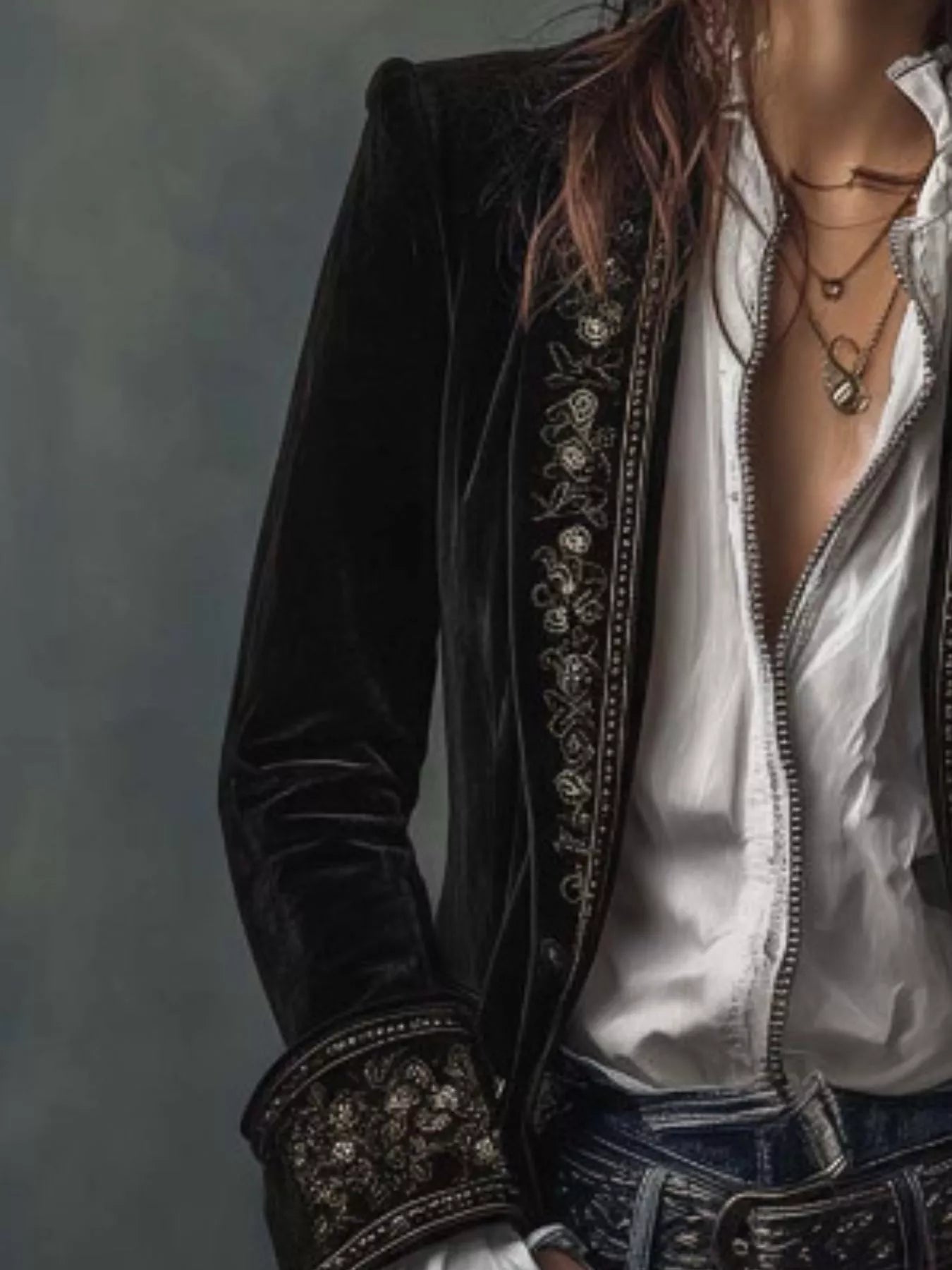 Sarah Express Women's Embroidered Velvet Jacket - Long Sleeve Outerwear