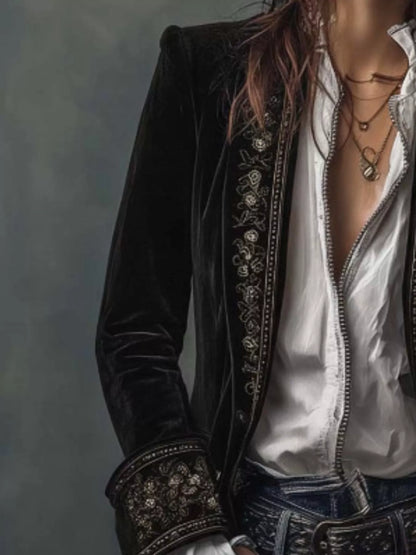 Sarah Express Women's Embroidered Velvet Jacket - Long Sleeve Outerwear