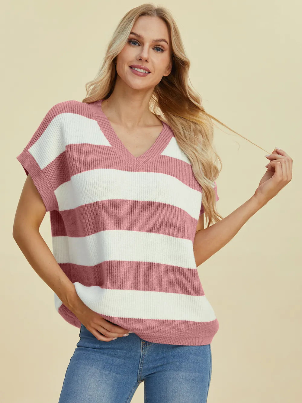Sarah Express Women's Striped V-Neck Short Sleeve Sweater
