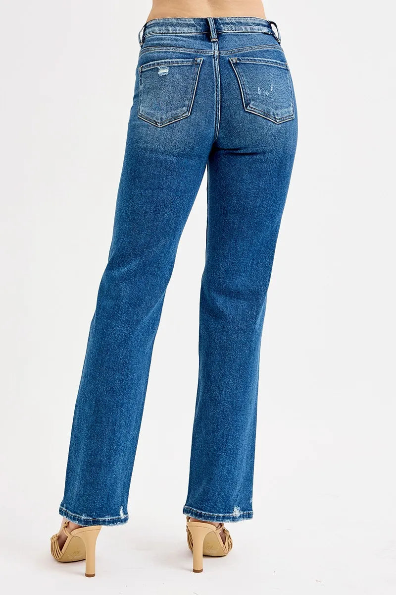 Sarah Express Women’s Plus Size High Rise Tummy Control Distressed Straight Jeans
