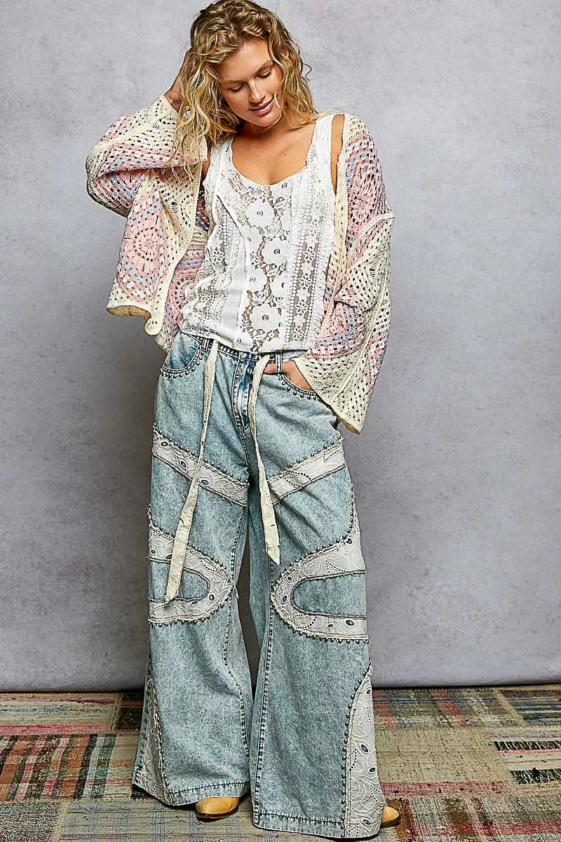 Sarah Express Women's Open Front Crochet Cardigan with Granny Square Pattern