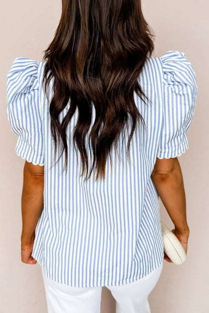 Sarah Express Women's Stripe Ricrac Trim Puff Sleeve Leopard Patchwork V Neck Blouse