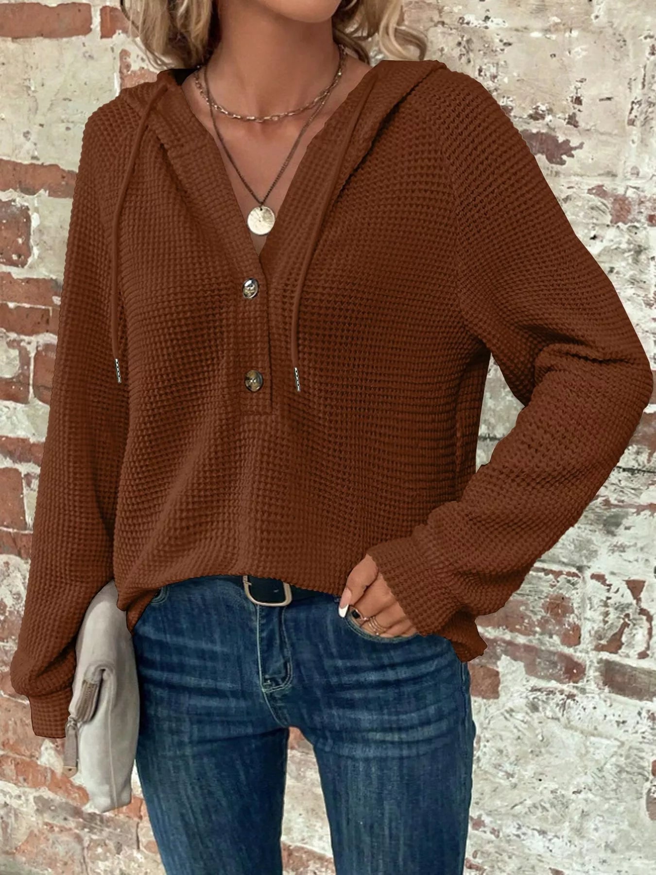 Sarah Express Women's Waffle Knit Button Detail Hoodie Caramel