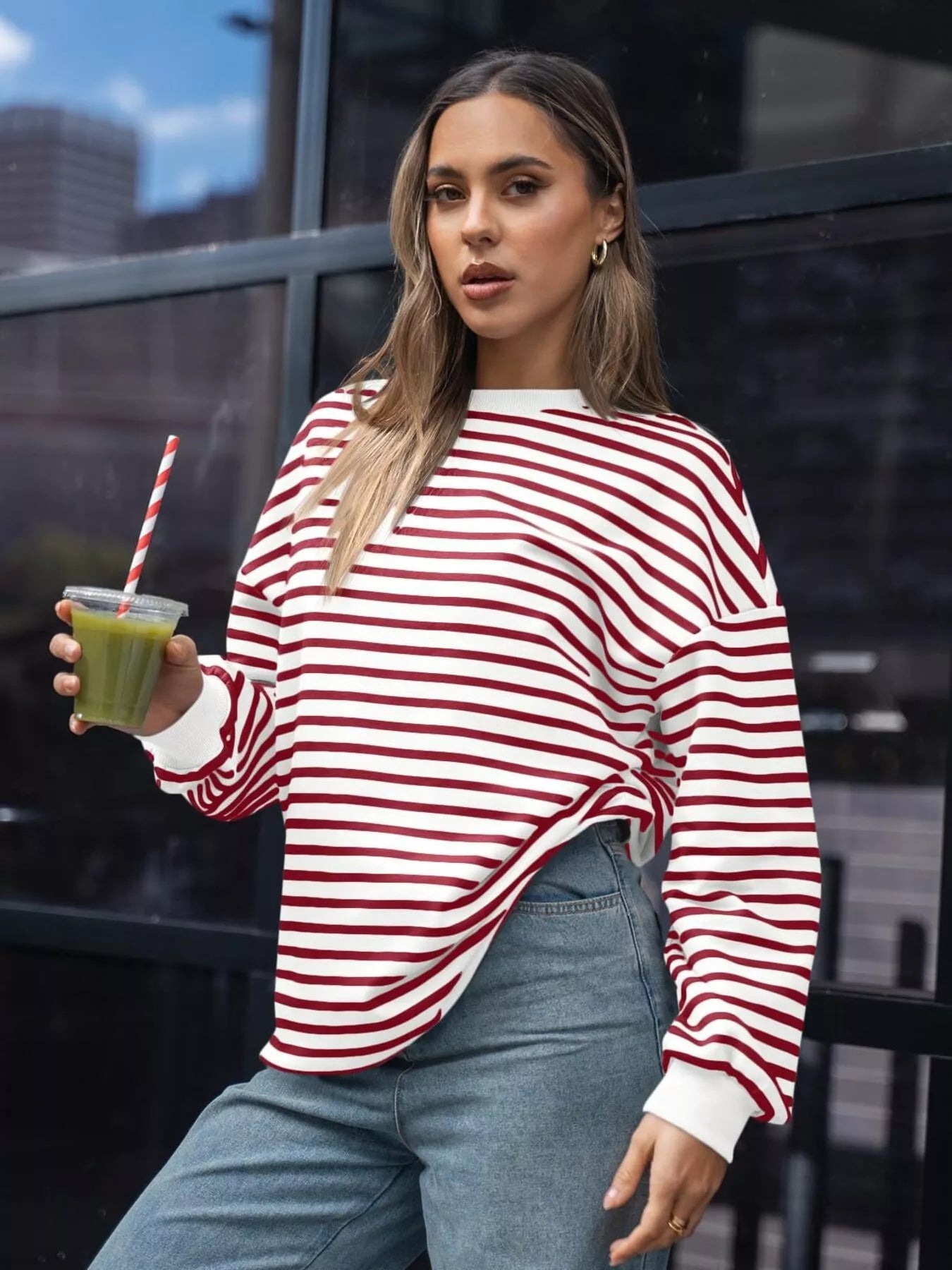 Sarah Express Women's Striped Round Neck Oversized Casual Sweatshirt