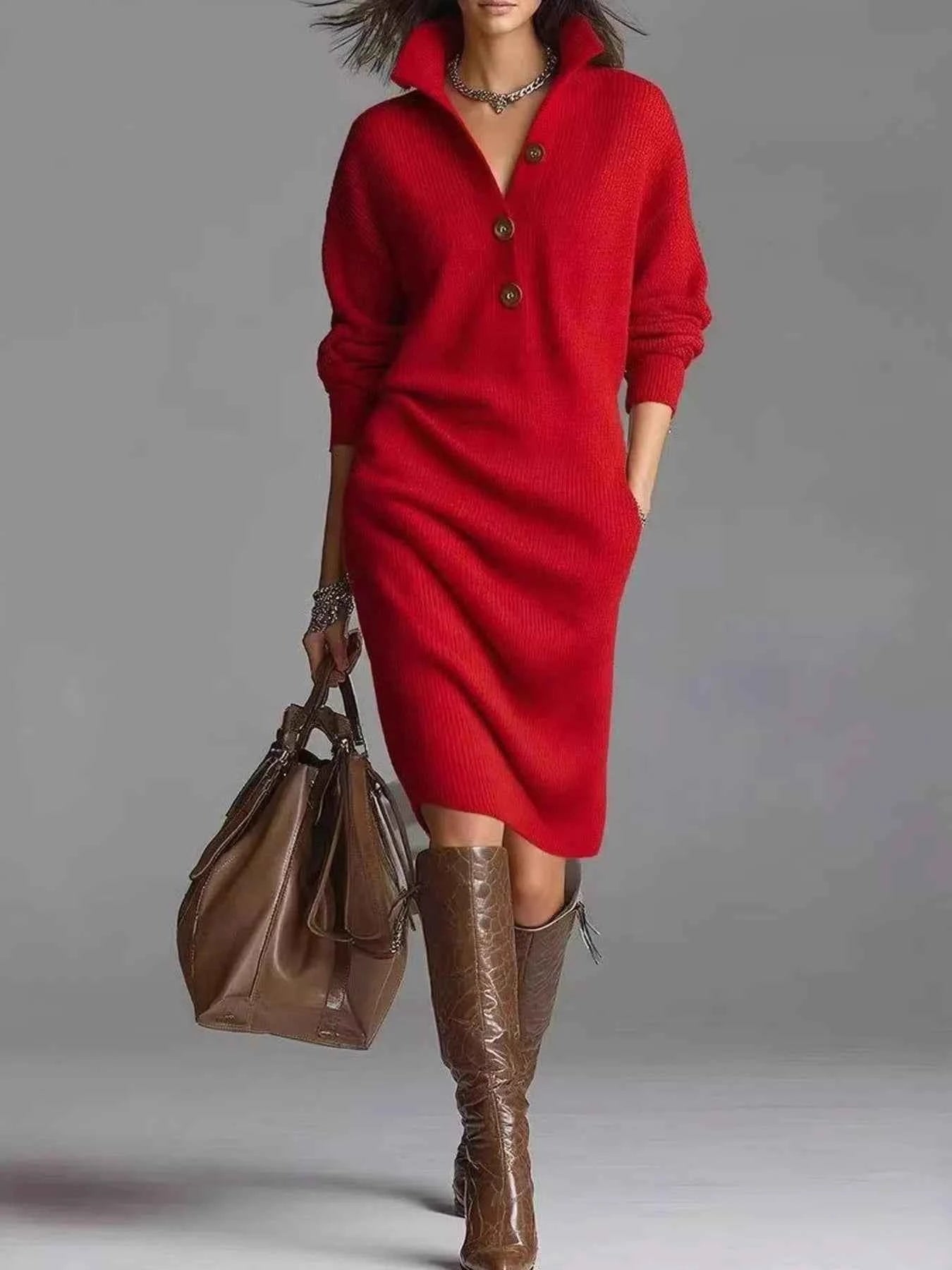 Sarah Express Women's Button-Front Ribbed Knit Sweater Dress - Plus Size Available Red