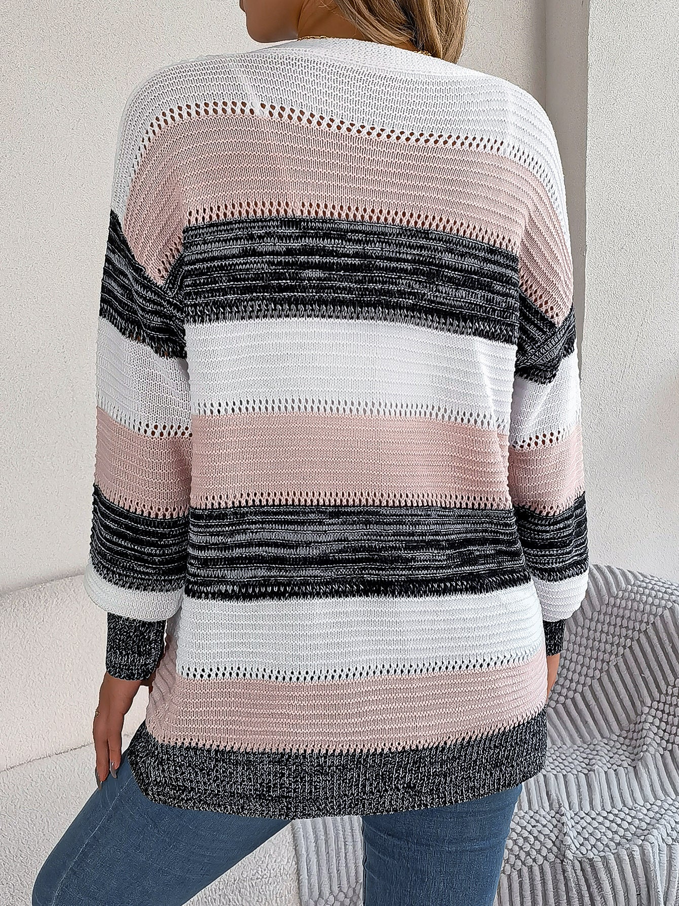 Sarah Express Women's Color Block Stripe Cardigan Sweater with Lantern Sleeves