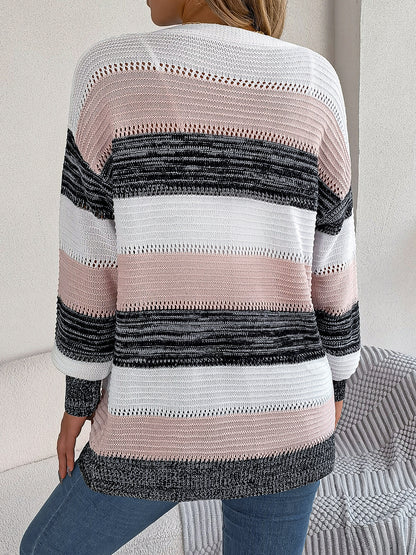 Sarah Express Women's Color Block Stripe Cardigan Sweater with Lantern Sleeves