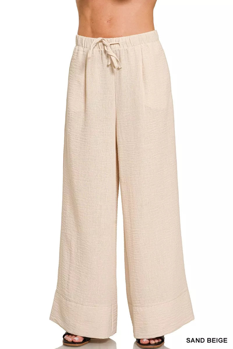 Sarah Express Women's Woven Airflow Drawstring Pants SAND BEIGE