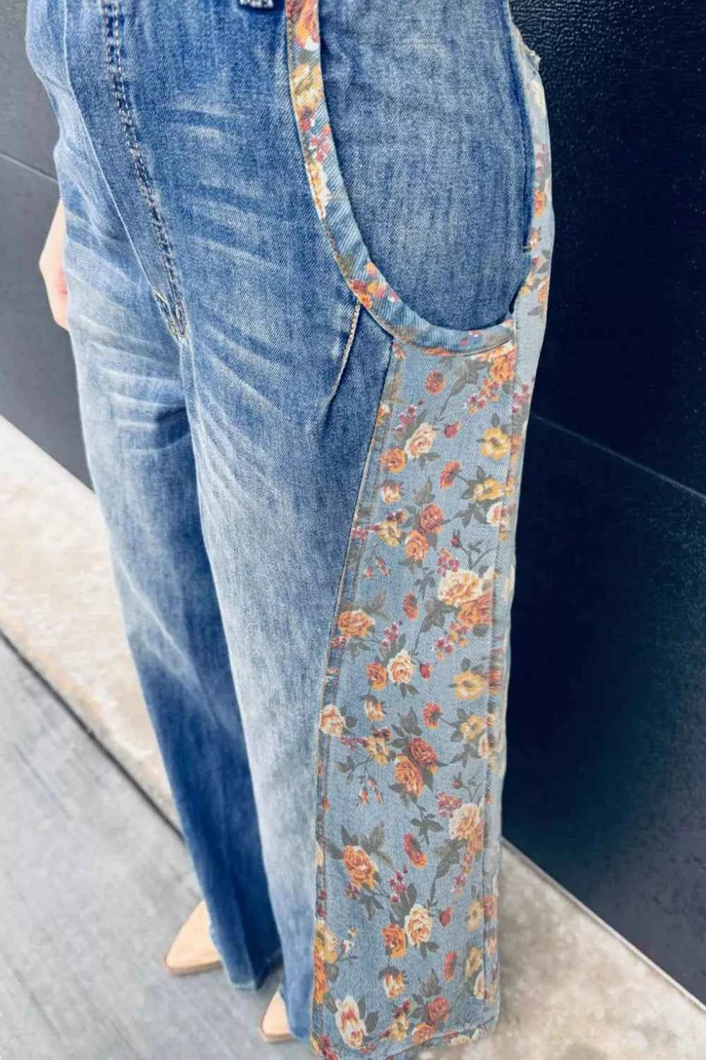 Sarah Express Women's Floral Wide Leg Denim Overalls - Casual Pocketed Jumpsuit