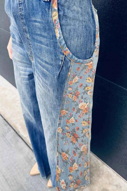 Sarah Express Women's Floral Wide Leg Denim Overalls - Casual Pocketed Jumpsuit