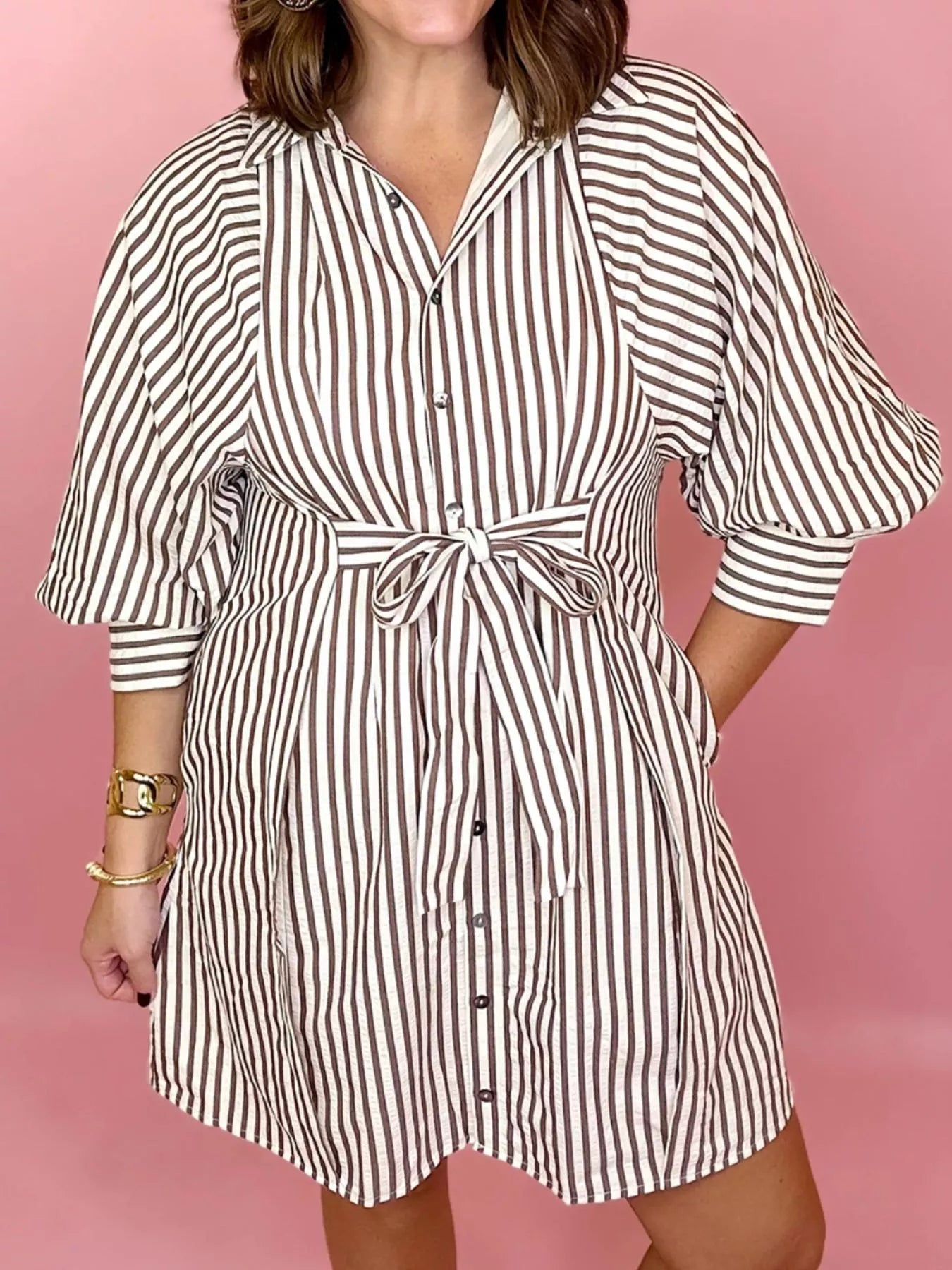 Sarah Express Women's Striped Tie Waist Shirt Dress