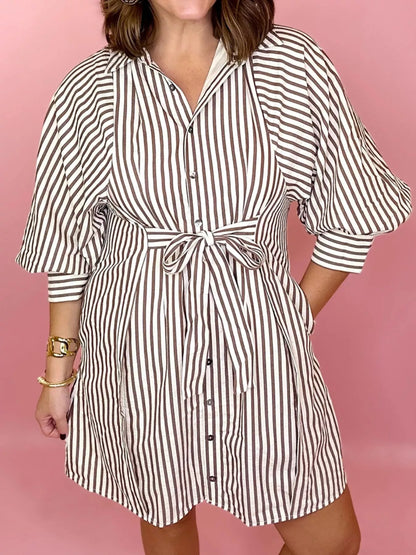 Sarah Express Women's Striped Tie Waist Shirt Dress
