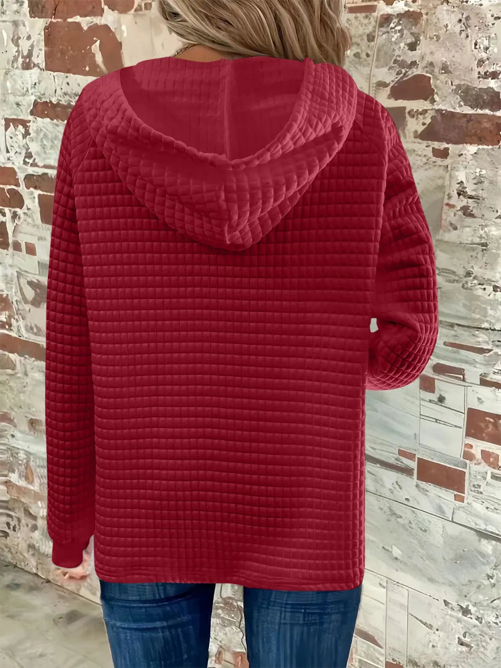 Sarah Express Women's Textured Button Detail Drawstring Long Sleeve Hoodie