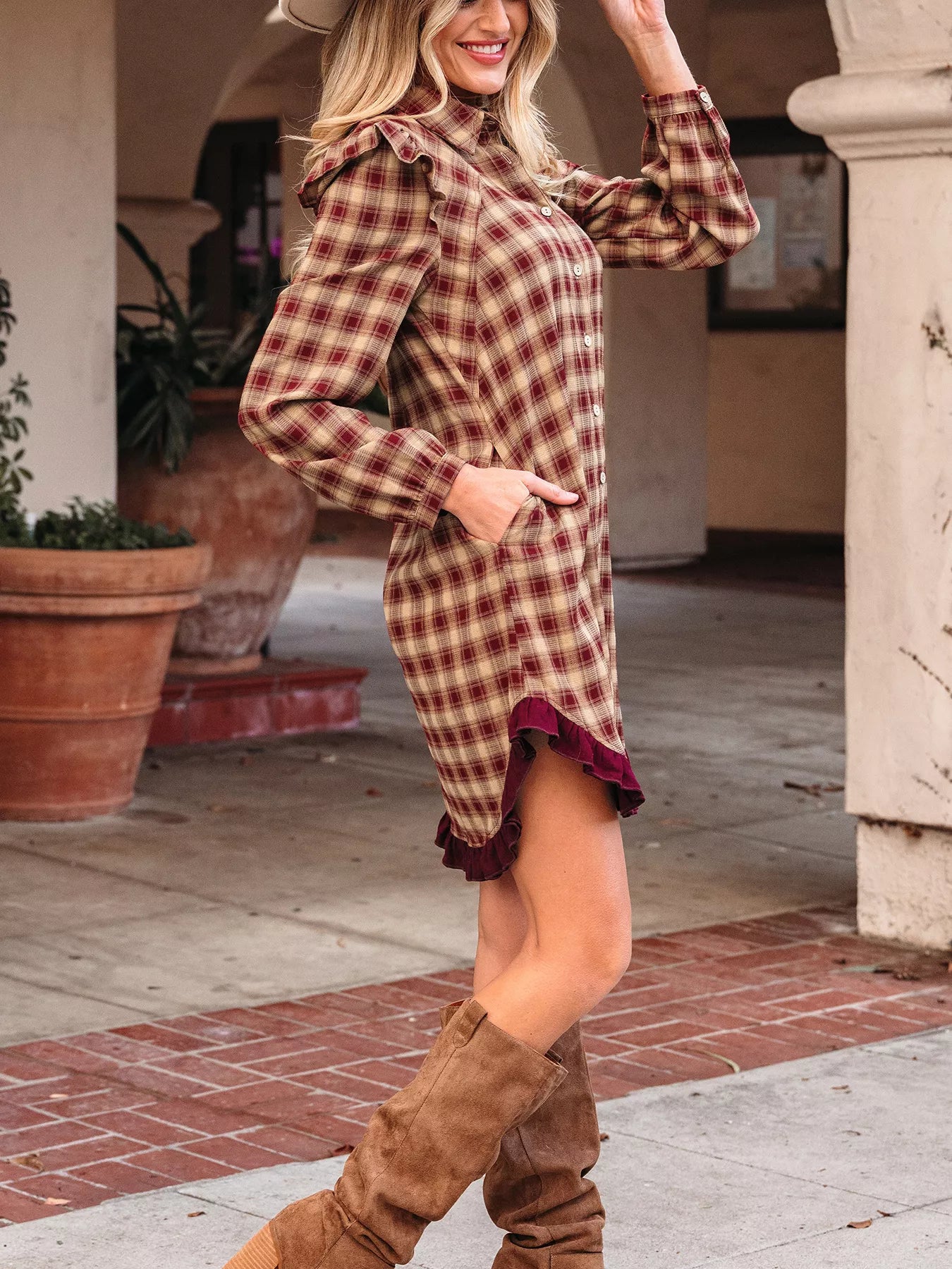 Sarah Express Women's Plaid Print Ruffled Mini Shirt Dress - Long Sleeve Button Front Patchwork Hem