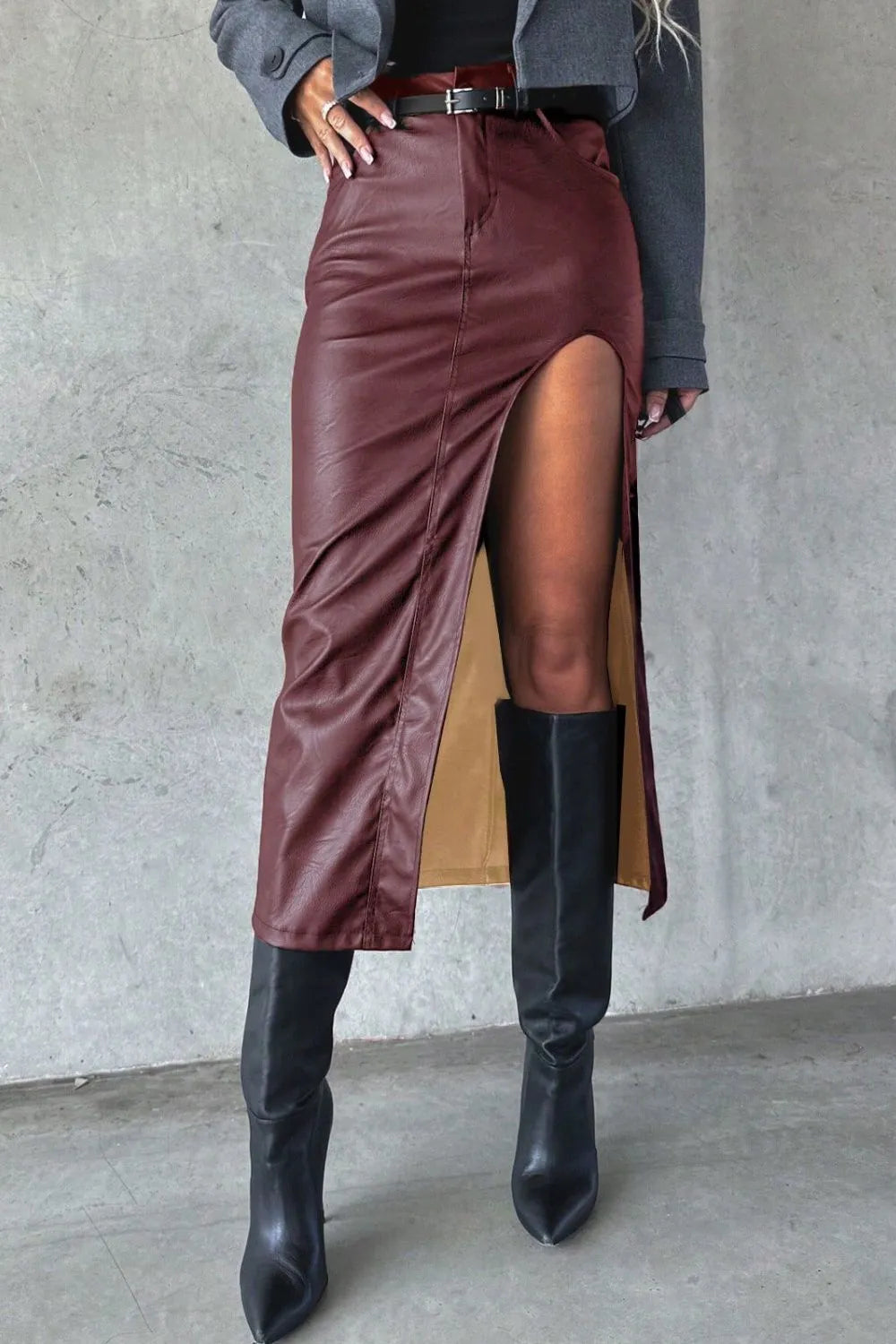 Sarah Express Women's Slit Midi Skirt with Pockets Burgundy