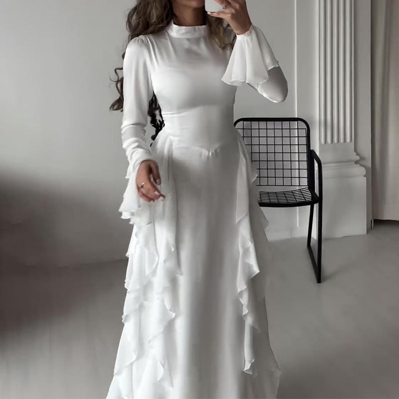 Sarah Express Women's High Waist Flared Sleeve Maxi Dress Round Neck Elegant Patchwork