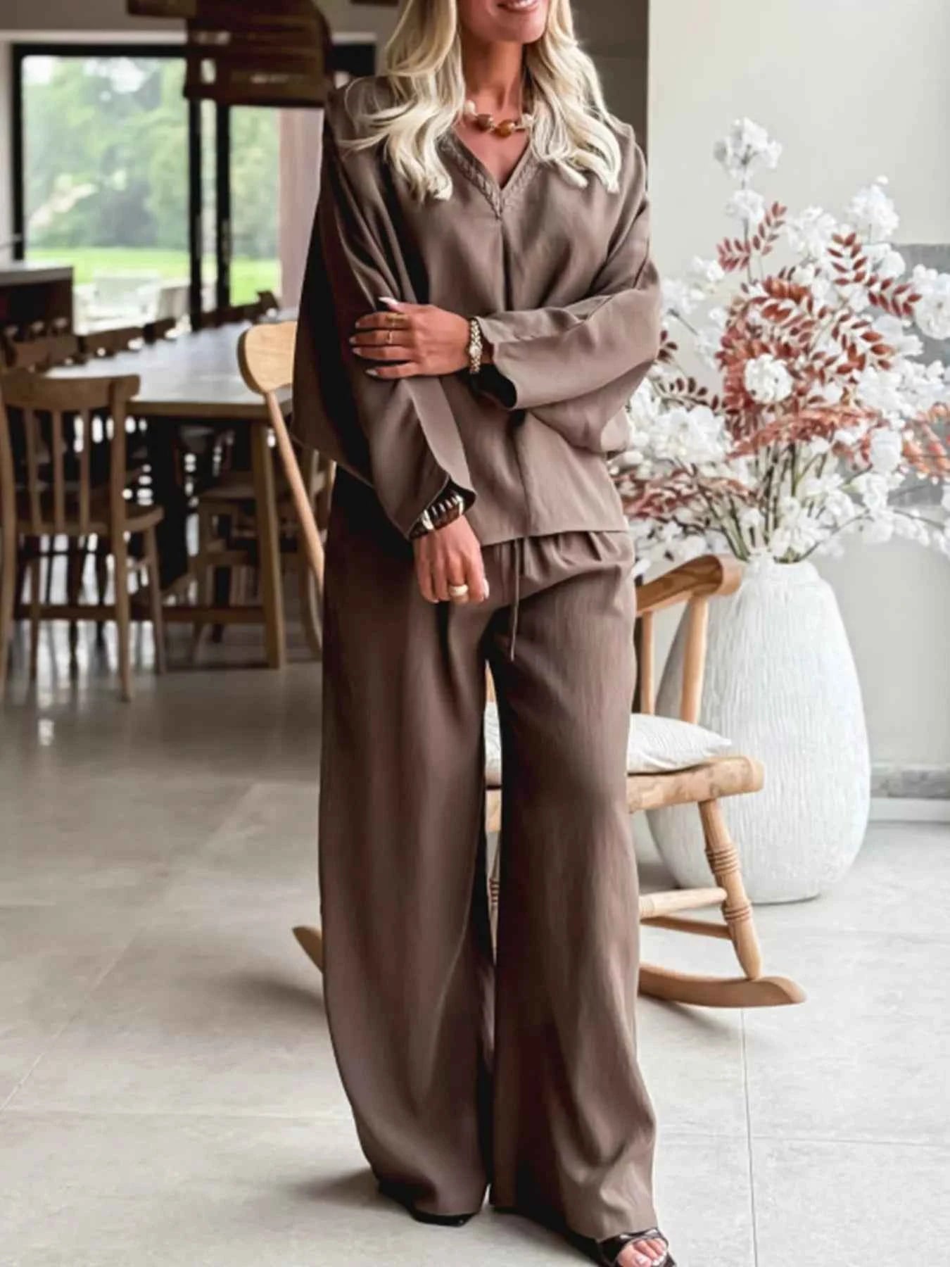 Sarah Express Women's Braided V-Neck Long Sleeve Top and Drawstring High Waist Pants Set