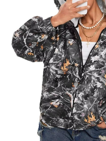 Sarah Express Women's Vintage Printed Zip-Up Hoodie with Pockets