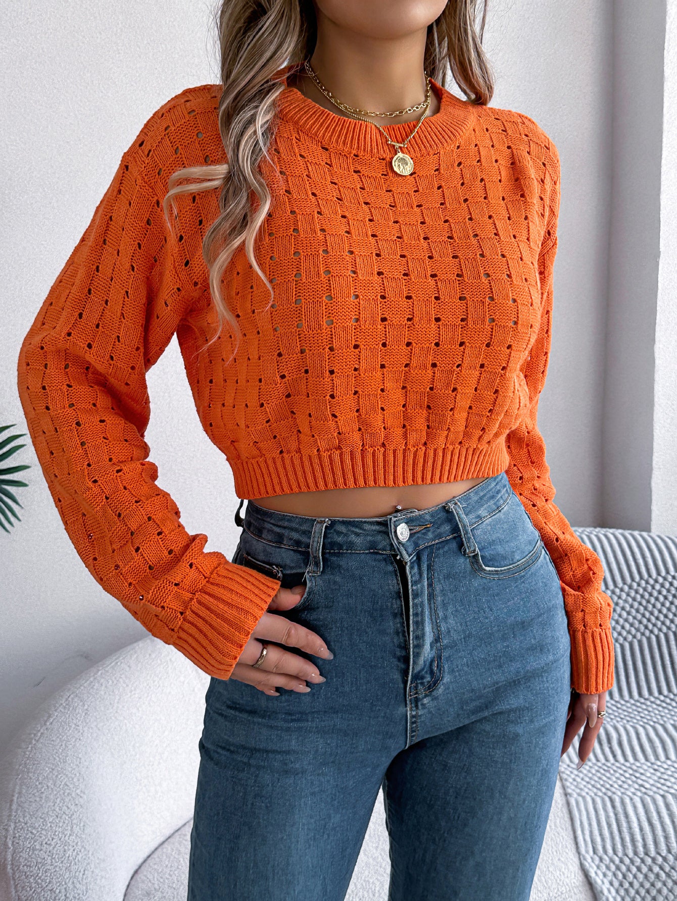 Sarah Express Women's Backless Button Detail Long Sleeve Pullover Sweater