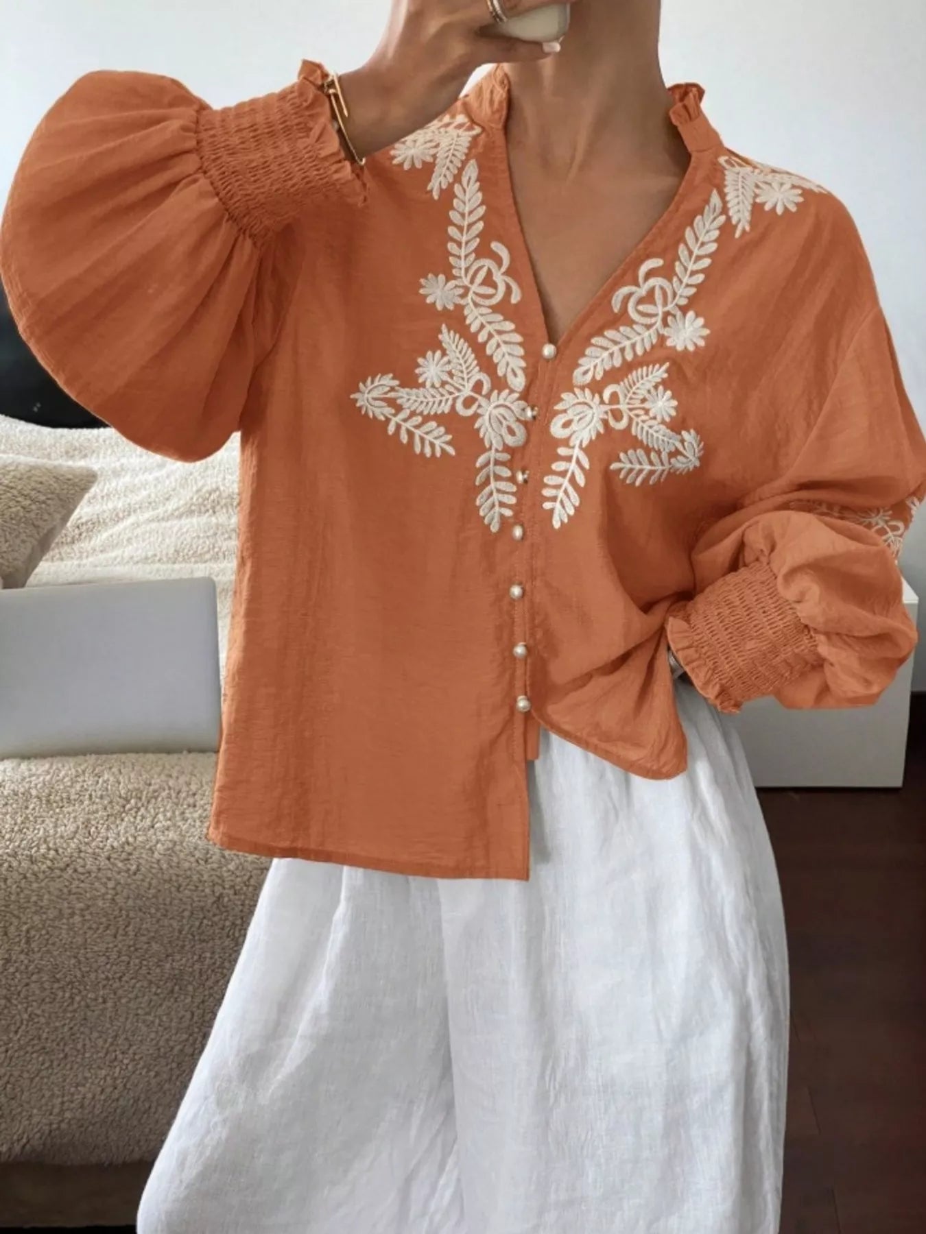 Sarah Express Women's Embroidered Long Sleeve Blouse Orange