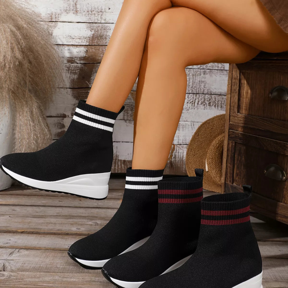 Sarah Express Women's Breathable Mesh Ankle Boots - Mid Heel Casual Boots Black And White