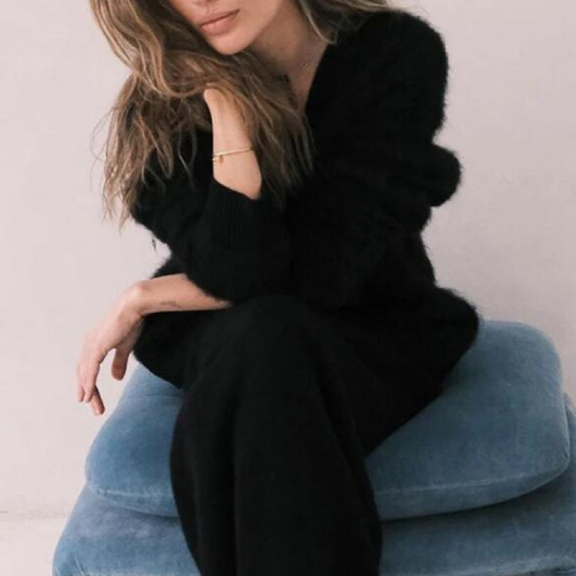 Sarah Express Women's V-Neck Button Cardigan Loose Knit Sweater Fall Winter Fashion Black