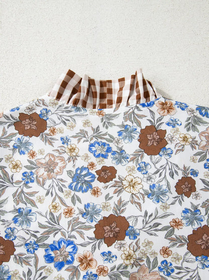 Sarah Express Women's Plaid Frilled Trim V Neck Floral Long Sleeve Blouse