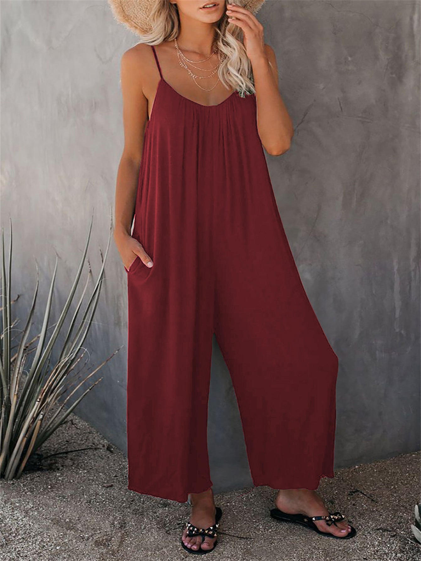 Women's Sleeveless Jumpsuit with Pockets - Casual Loose Fit Romper